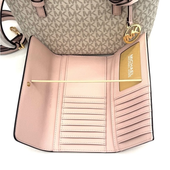 Michael Kors Jet Set Travel Top-Zip Tote Bag & Trifold Wallet Powder Blush Set - Picture 9 of 11